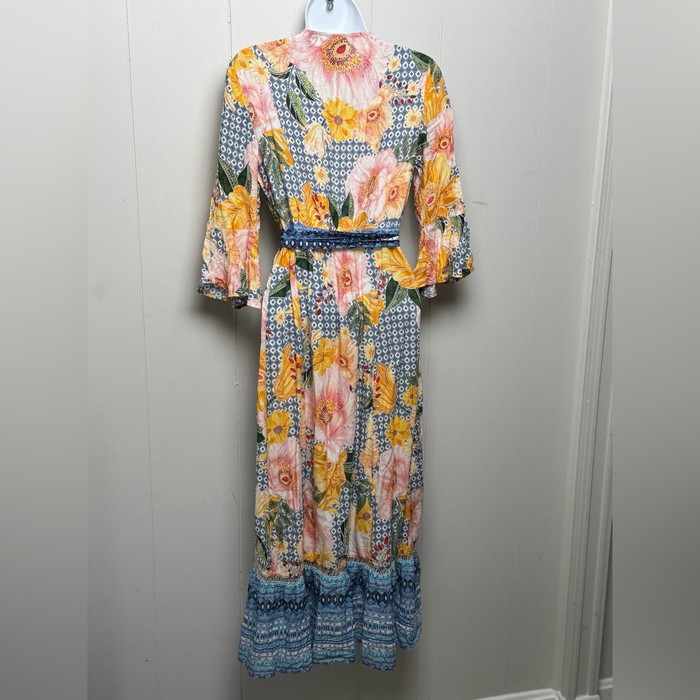 Farm Rio Anthropologie 100% Viscose Multicolor Floral Wrap Maxi Dress Size XSP - Picture 2 of 9